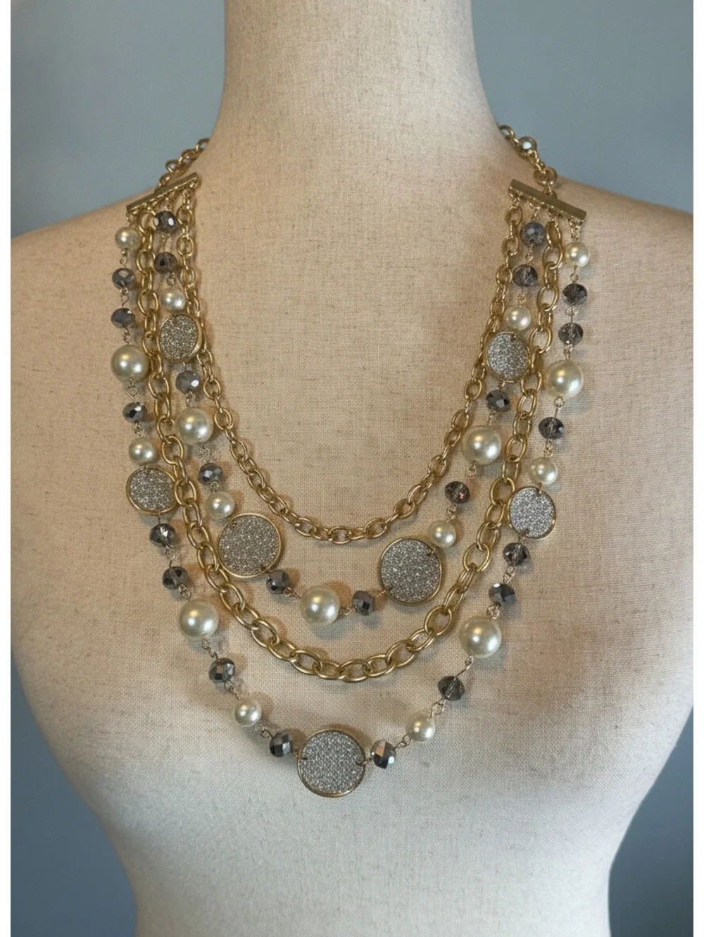 Multi-Strand Gold Tone Necklace with Pearl and Bead-